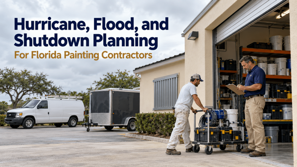 Florida painting contractor reviewing a storm shutdown checklist while an employee moves equipment into storage.