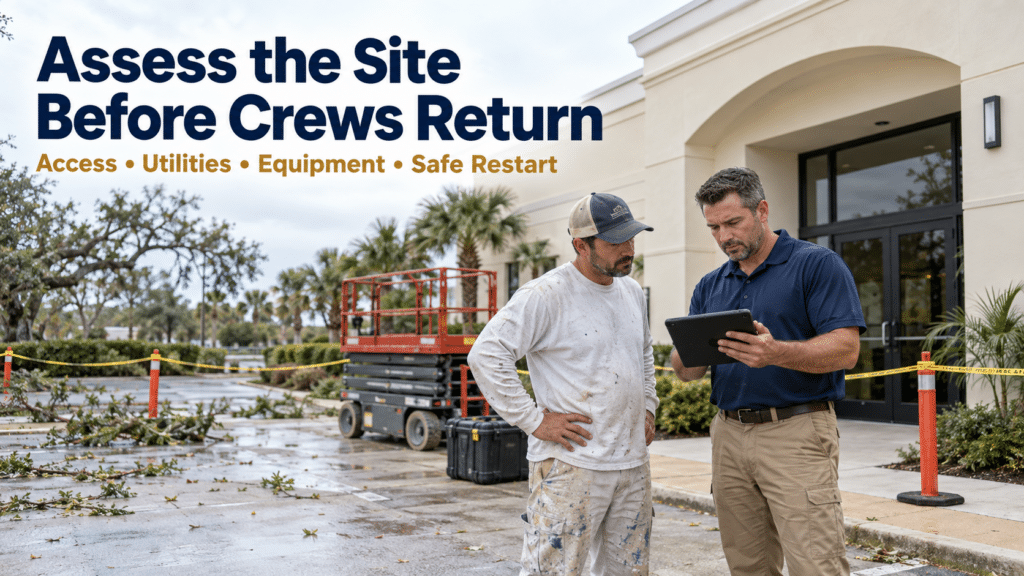 Florida painting supervisor and crew leader reviewing a post-storm site assessment before restarting work