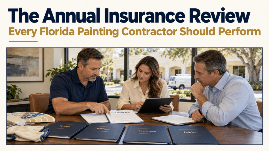 Florida painting contractor, operations manager, and insurance adviser reviewing people, vehicles, equipment, and policies.