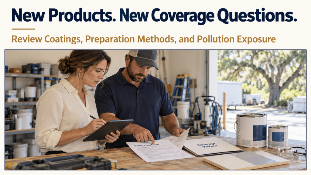Painting operations manager and crew supervisor reviewing coating safety data sheets and insurance coverage in a workshop.