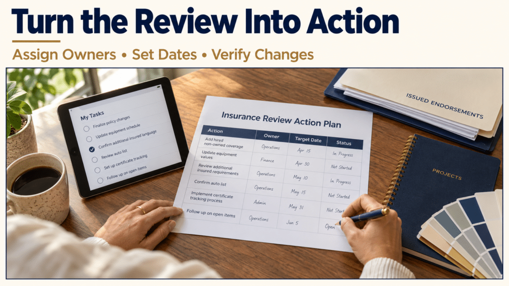Painting operations manager recording insurance review actions, responsible people, target dates, and follow-up status.