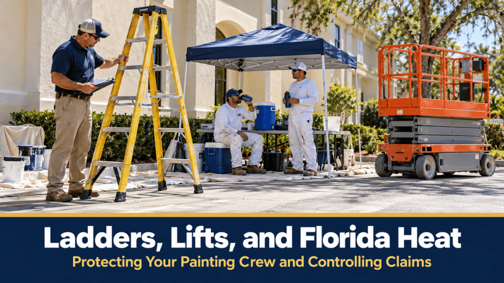 Florida painting supervisor inspecting a ladder while crew members hydrate in shade beside a lowered scissor lift.