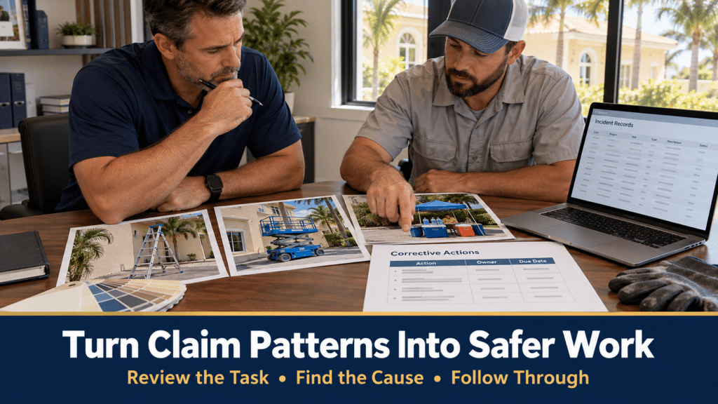 Painting contractor and crew supervisor reviewing incident records, jobsite photos, and corrective actions to improve crew safety