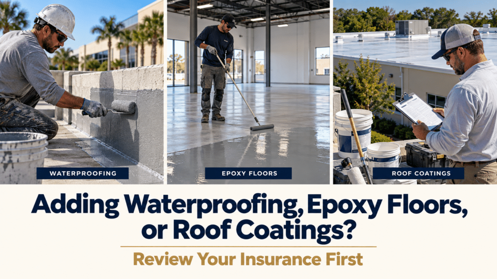Waterproofing, epoxy floor application, and roof coating planning illustrating specialty work that requires an insurance review.
