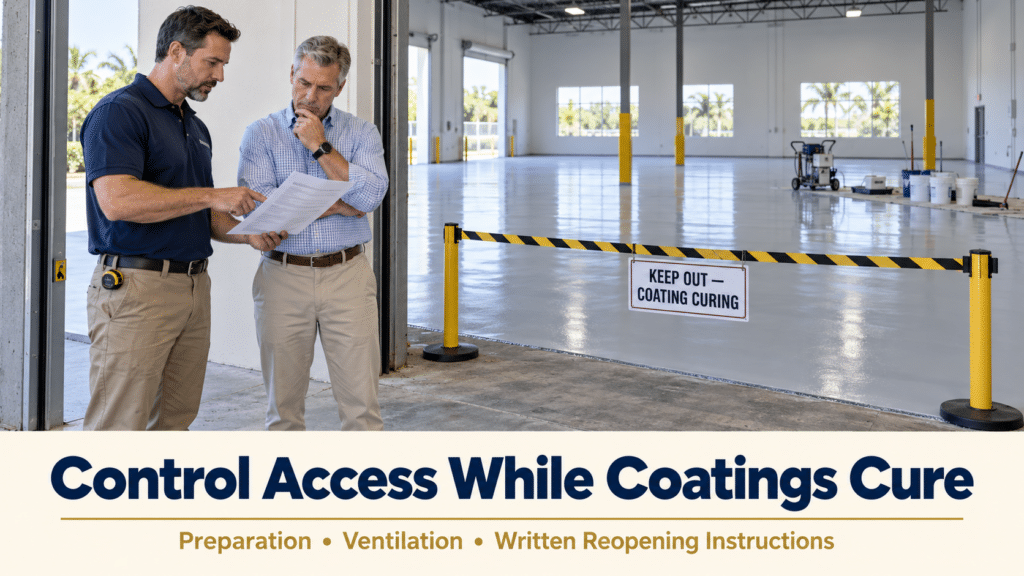 Painting contractor reviewing written reopening instructions with a property manager beside a restricted curing epoxy floor.