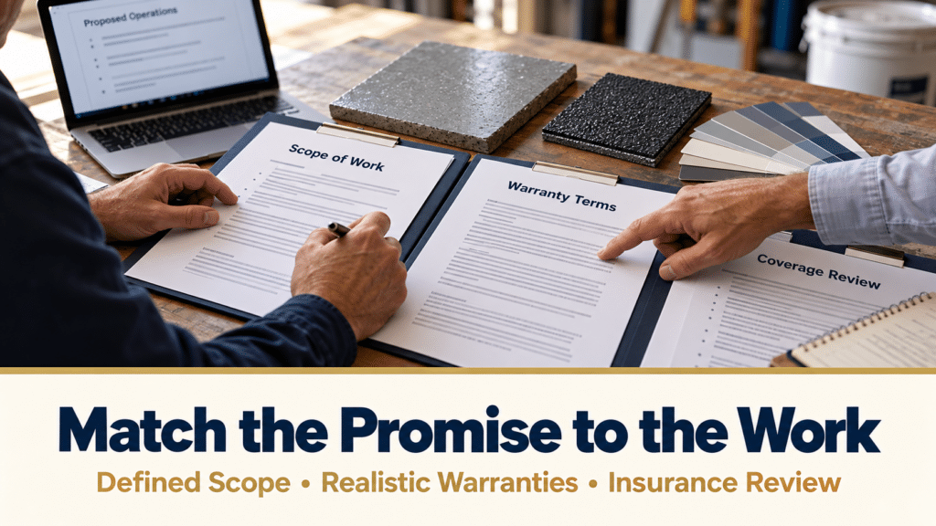 Painting contractor and adviser reviewing specialty coating scope, warranty terms, and insurance coverage.