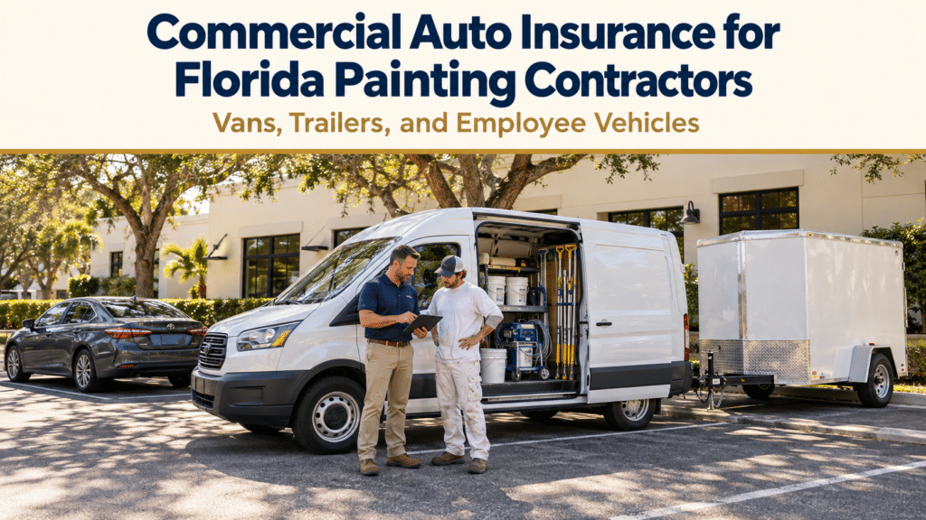 Florida painting contractor reviewing a vehicle checklist beside a work van, attached cargo trailer, and employee sedan.