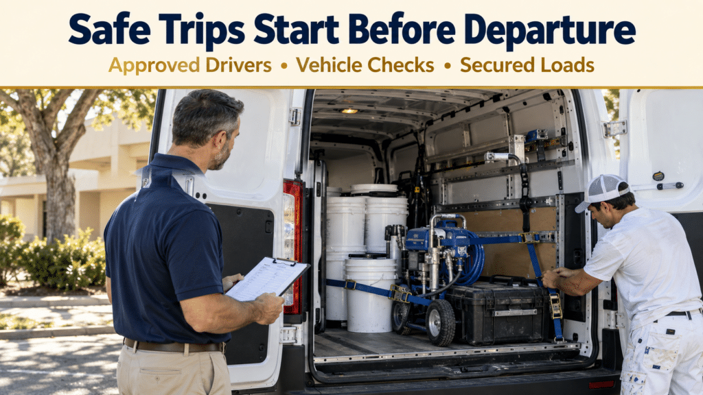 Florida painting crew checking a work van and securing equipment before departure.