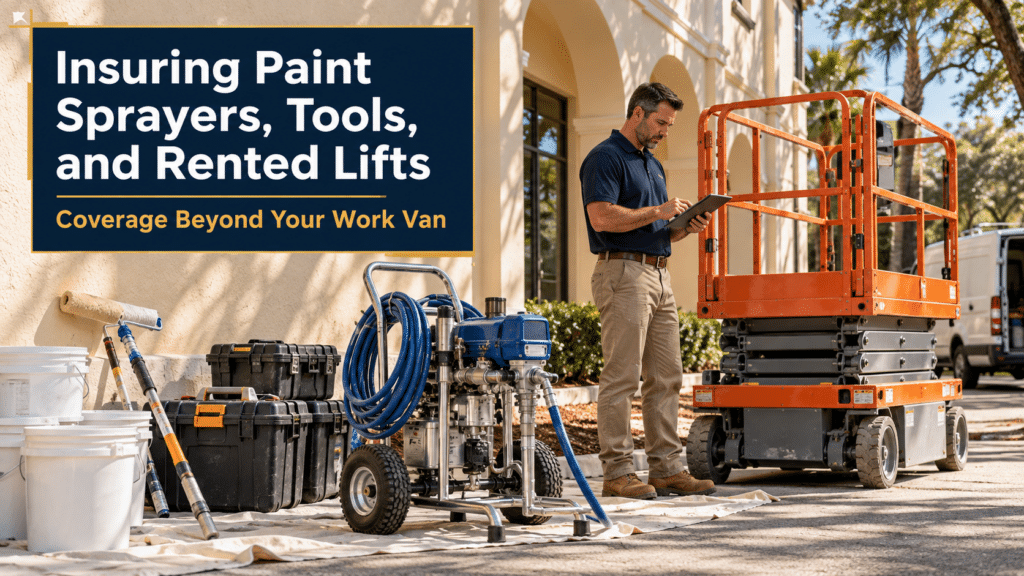 Florida painting contractor inspecting a rented scissor lift beside paint sprayers and tool cases.