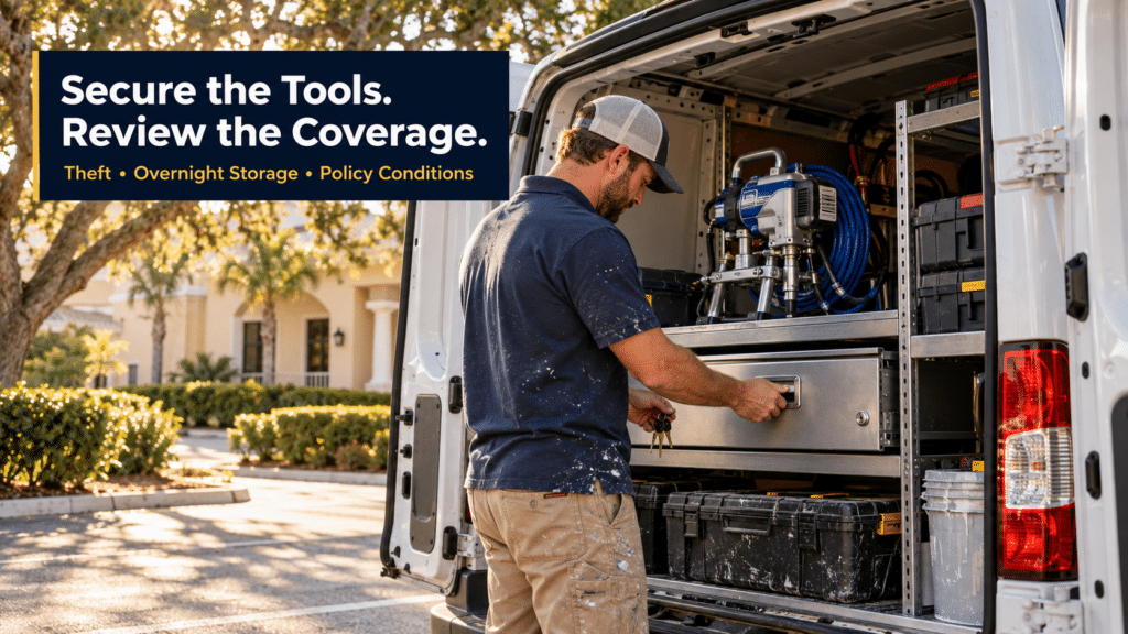 Florida painter securing a lockable tool drawer inside a work van containing paint equipment.