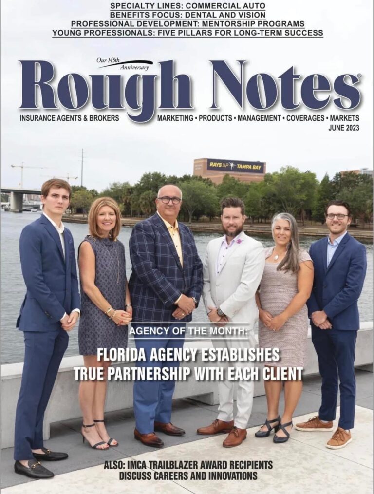 Rough Notes magazine, June 2023, Agency of the Month cover featuring the Florida Risk Partners team on the Tampa waterfront