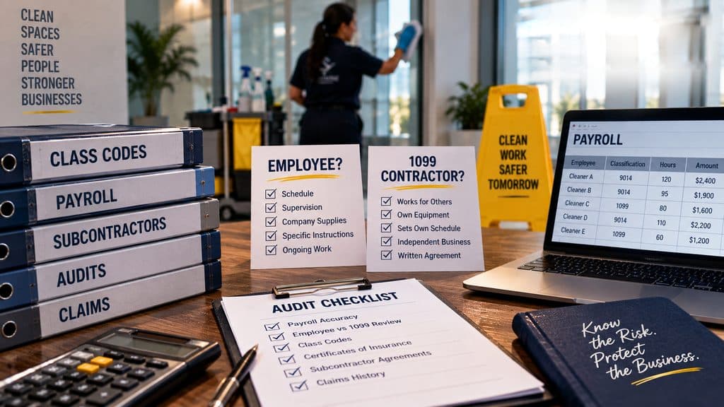 Workers’ compensation audit reviewing 1099 cleaners, subcontractors, payroll, class codes and insurance documentation.