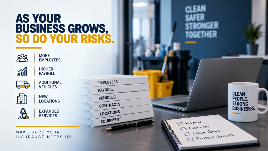 Growing janitorial company reviewing employees, payroll, vehicles, locations, services and insurance exposures.