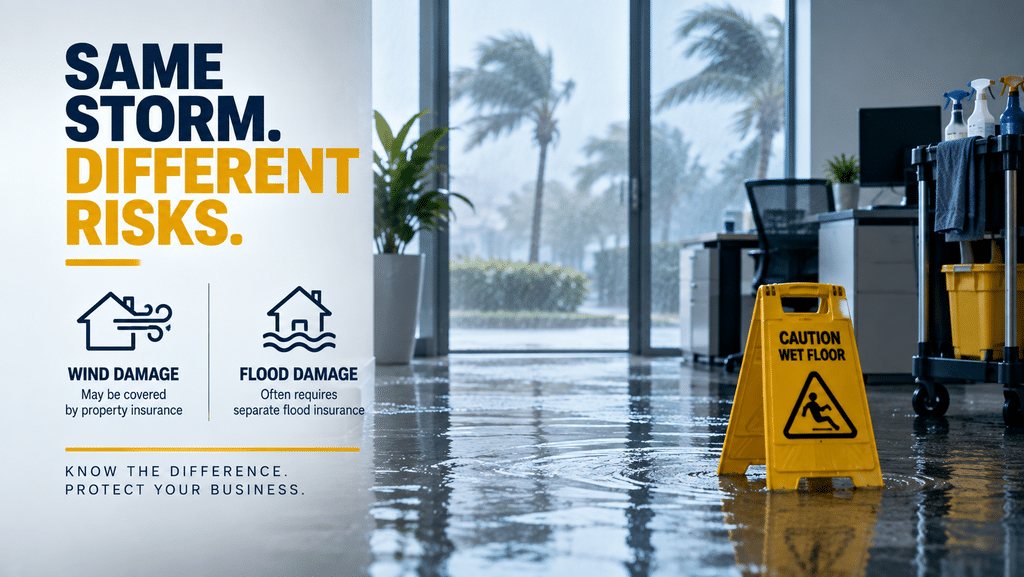 Wind and flood damage creating different insurance exposures for Florida janitorial companies during a hurricane.