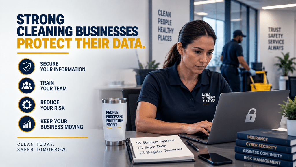Janitorial cyber risk management using employee training, data security, access controls and business continuity planning.