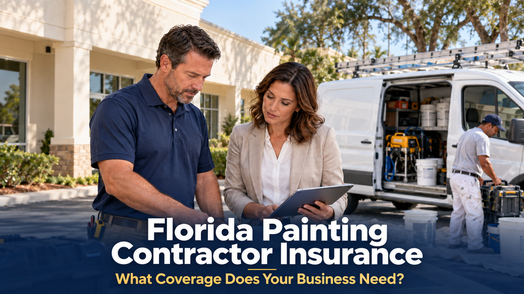 Florida painting contractor reviewing insurance with an adviser beside a work van and painting equipment.