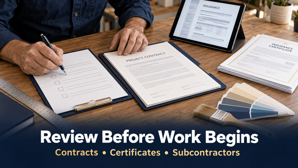 Painting contractor reviewing a project contract, insurance certificate, and checklist before work begins.