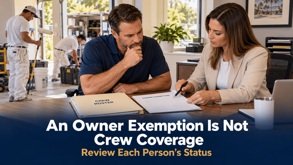 Painting business owner and adviser reviewing owner exemption paperwork separately from the crew roster.