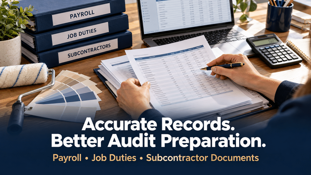 Painting contractor reviewing payroll records with organized job-duty and subcontractor documents for a workers’ compensation audit.