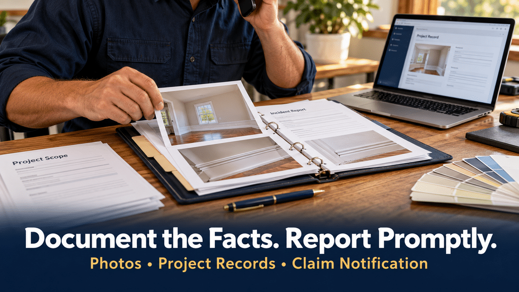 Painting contractor reviewing project photographs and an incident report while making a claim notification call.