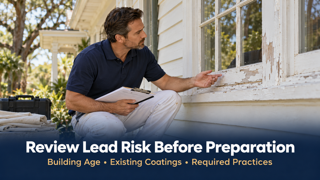 Painting contractor inspecting deteriorated window paint on an older Florida home before preparation begins.