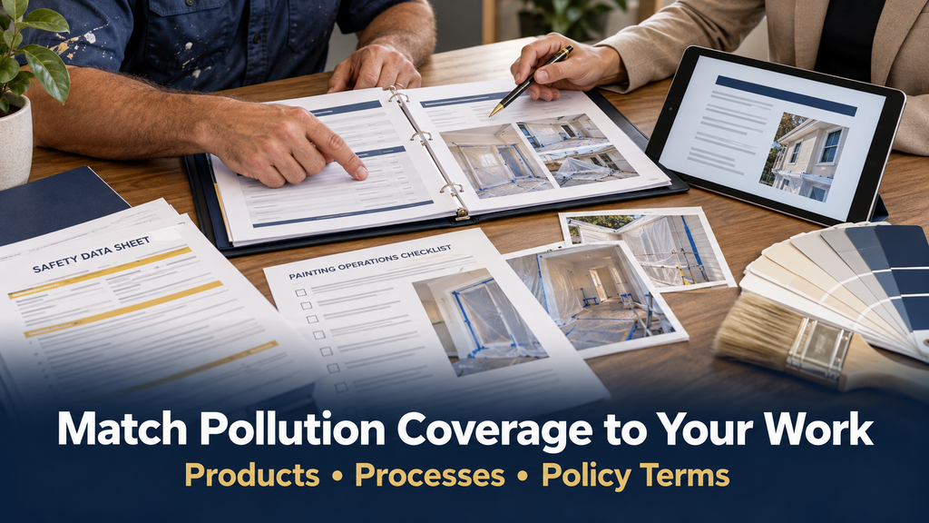 Painting contractor and adviser reviewing safety data sheets, project photos, and pollution insurance documents.