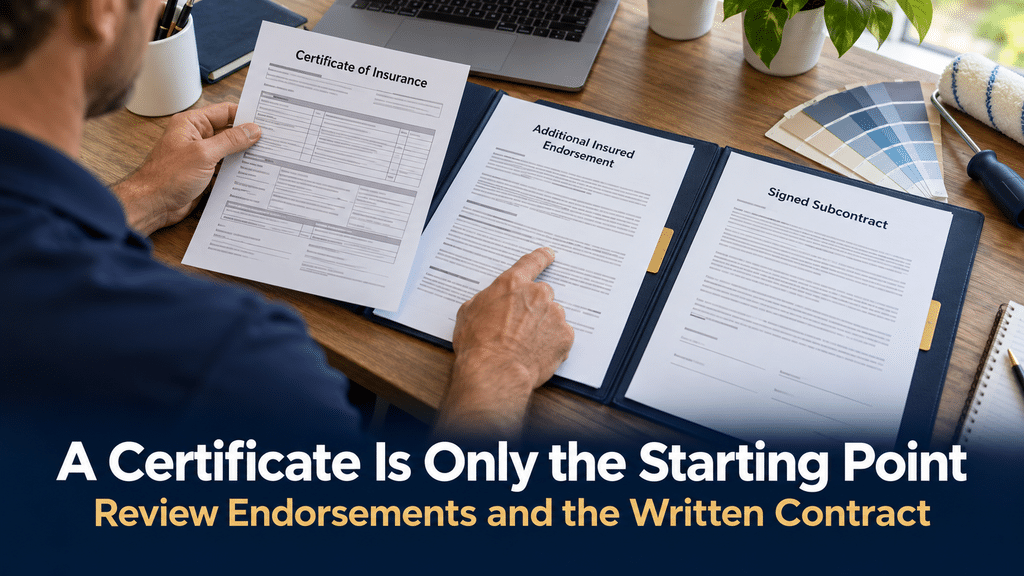 Painting contractor comparing a certificate of insurance, additional insured endorsement, and signed subcontract.