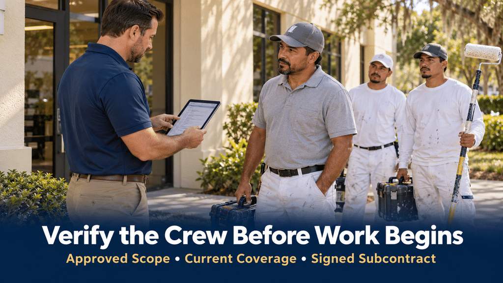 Florida painting supervisor checking a subcontractor’s crew against an approved project checklist before work begins.
