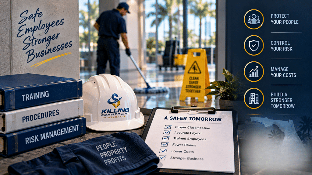 Janitorial workers’ compensation risk management using employee training, safety procedures and accurate payroll to control claims and costs.