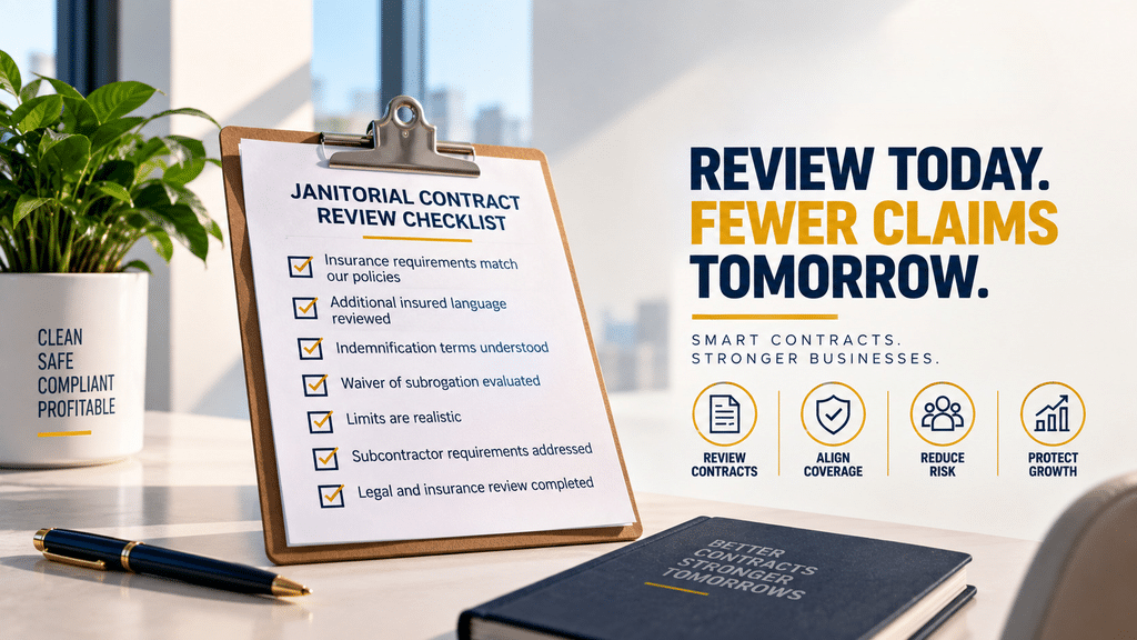 Janitorial contract insurance review checklist comparing coverage, indemnification, additional insured and subcontractor requirements.